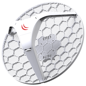 Estacion inalámbrica MikroTik con 24.5 dBi de ganancia en banda 5GHz, chip 802.11ac y una interfaz gigabit ethernet.