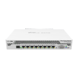 Router MikroTik CCR1009-7G-1C-PC con 7 puertos gigabit ethernet y 1 puerto SFP en combo, modelo con enfriamiento pasivo y alimentación DC