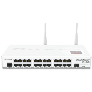 Switch MikroTik CRS125-24G-1S-2HnD-IN, con 24 puertos gigabit, 1 puerto SFP e interfaz WI-FI 2.4GHz para interiores