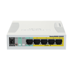 Switch PoE capa 2 de MikroTik RB260GSP, este switch cuenta con 5 puertos ethernet gigabit y una ranura SFP