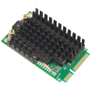 Tarjeta miniPCI-e R11e-2HPnD de MikroTik, opera en banda 2.4GHz y especialmente diseñada para serie RB912, los conectores de este modelo son 2 MMCX