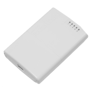 RouterBoard MikroTik PowerBox para uso de exterior con 5 puertos fast ethernet ,4 de estos puertos son PoE pasivo 24V