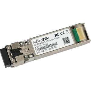 Modulo SFP28 XS+31LC10D de MikroTik, compatible con ranuras SFP, SFP+, SFP28. Soporta modulaciones 1G/10G/25G, monomodo, dual LC/UPC