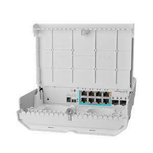 Switch capa 2 MikroTik CSS610-1Gi-7R-2S+OUT, 8 puertos fast ethernet, 7 de estos puertos son PoE reverso, puerto 8 es PoE OUT y dos ranuras SFP+