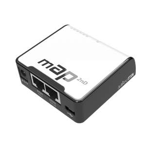 Punto de acceso WI-FI4 de MikroTik RBmAP2nD, chip 802.11n, MIMO 2X2, banda 2.4GHz y con dos interfaces fast ethernet, equipo muy compacto