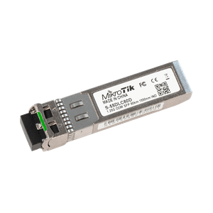 Modulo SFP de MikroTik S-55DLC80D, soporta distancia de 80Km, monomodo con longitud de onda 1550nm, conector dual LC/UPC