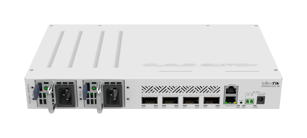 Switch Capa 3 de MikroTik CRS504-4XQ-IN con 4 ranuas QSFP28 y una ...