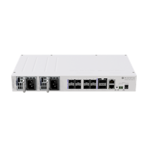 Switch Capa 3 de MikroTik CRS510-8XS-2XQ-IN con 8 ranuras SFP28, 2 ranuras QSFP28 y una interfaz fast ethernet para administración